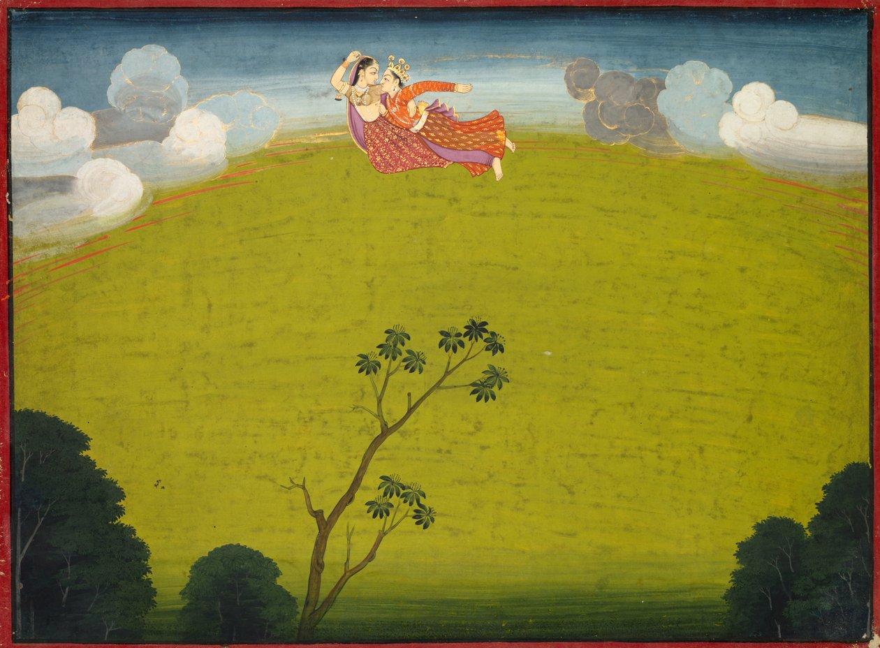 Pradyumna og Mayavati Flyver til Dwarka, fra den store Basohli Bhagavata Purana af Unknown artist