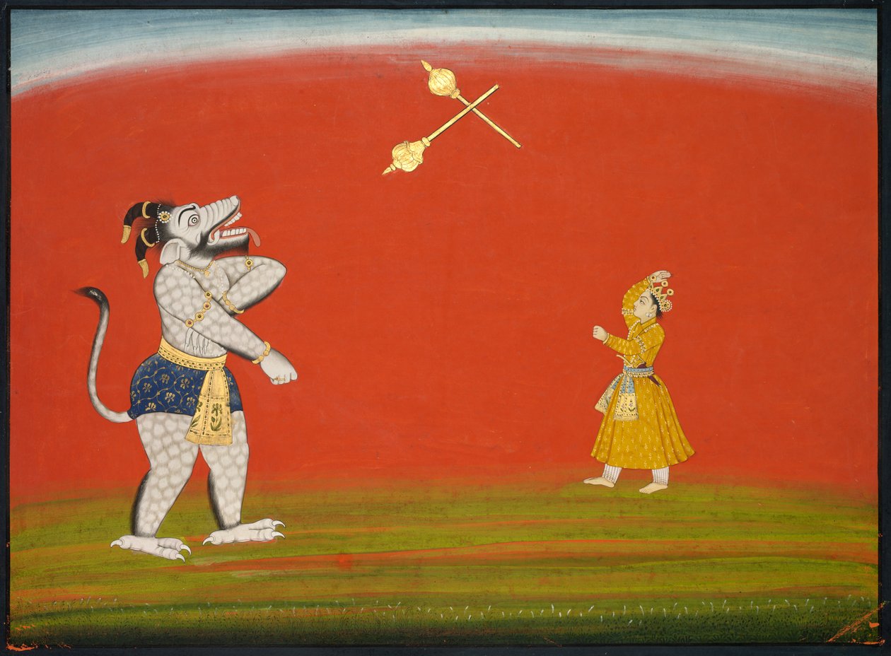 Pradyumna og Samvara kæmper med Max: Leaf fra "Large Basohli Bhagavata Purana" af Unknown artist