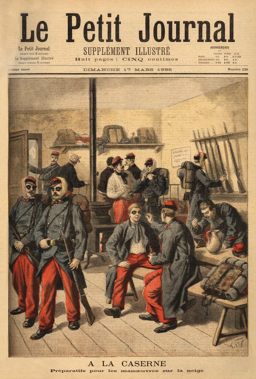 Forbereder sig på manøvrer på sneen, i stedet for at bære briller med røgbriller, er soldaterne omgivet af sort sod. Indgravering i "" Le petit journal"" 17/03/1895. Selvas samling. af Unknown artist