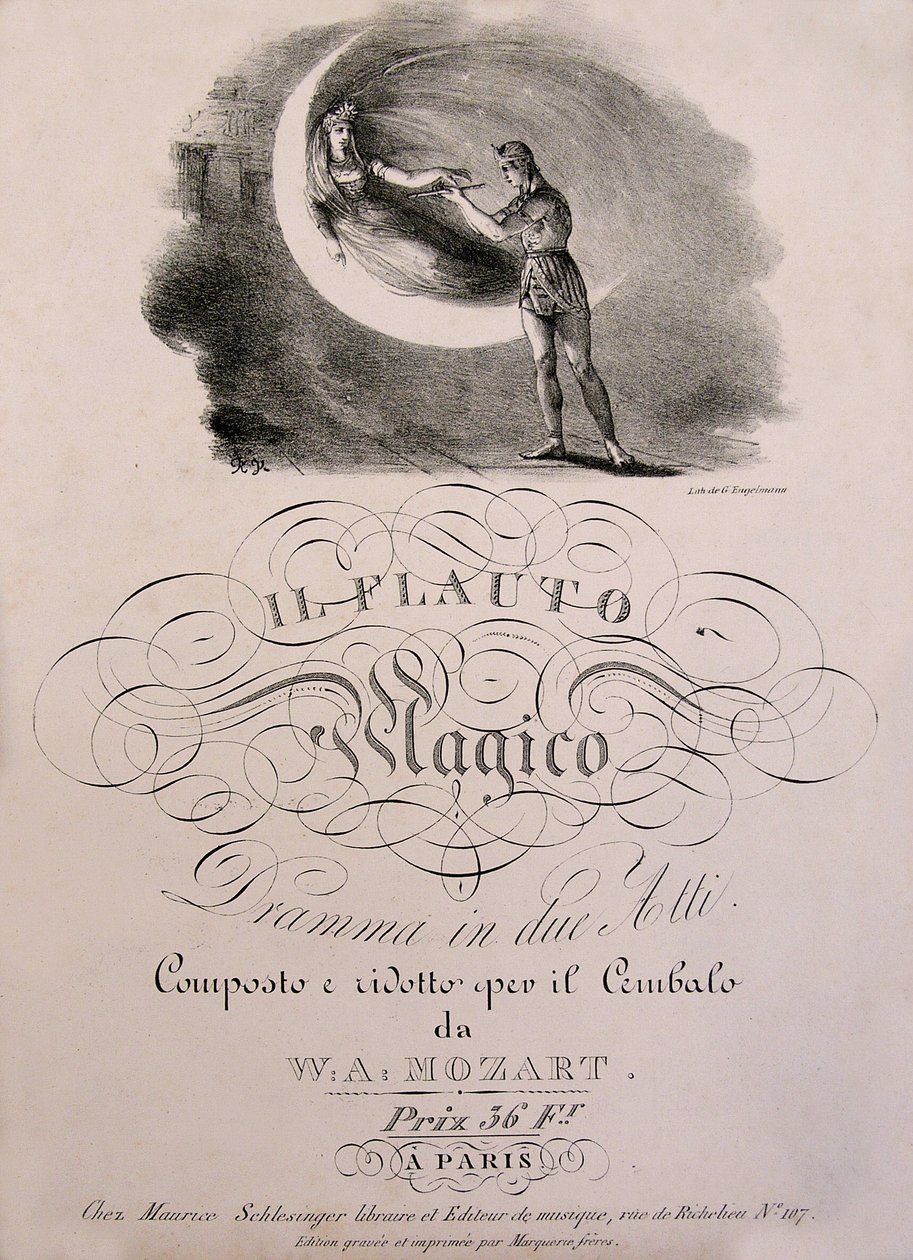 Prins Tamino modtager Nattens Dronnings fortryllede fløjte, forsideillustration af skillevægsbogen af ""Den fortryllede fløjte"" (Die Zauberflote) (1791) af W.A. Mozart (1756-1792). Leonard de Selva samling. af Unknown artist