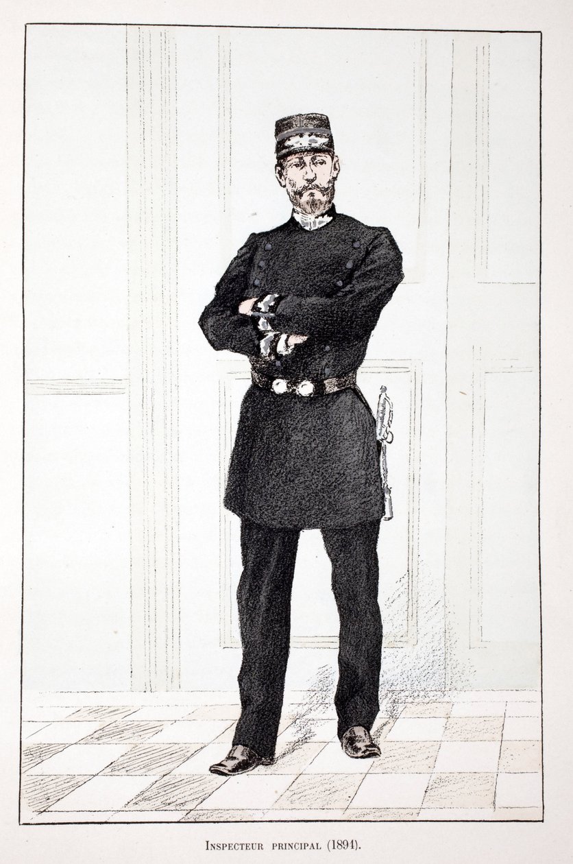 Overinspektør (1894). Radering i farver, til illustration "" Histoire du corps des gardes de la paix""" bog udgivet i regi af Louis Lepine (1846-1933), præfekt for politiet på Seinen, af Alfred Rey (1864-?) og Louis Feron (1862-?) af Unknown artist