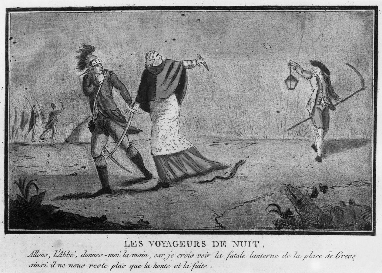 Privilegier: Natterejsende, en abbe og en adelsmand, der flygter om natten - 1790, Musee Carnavalet. af Unknown artist