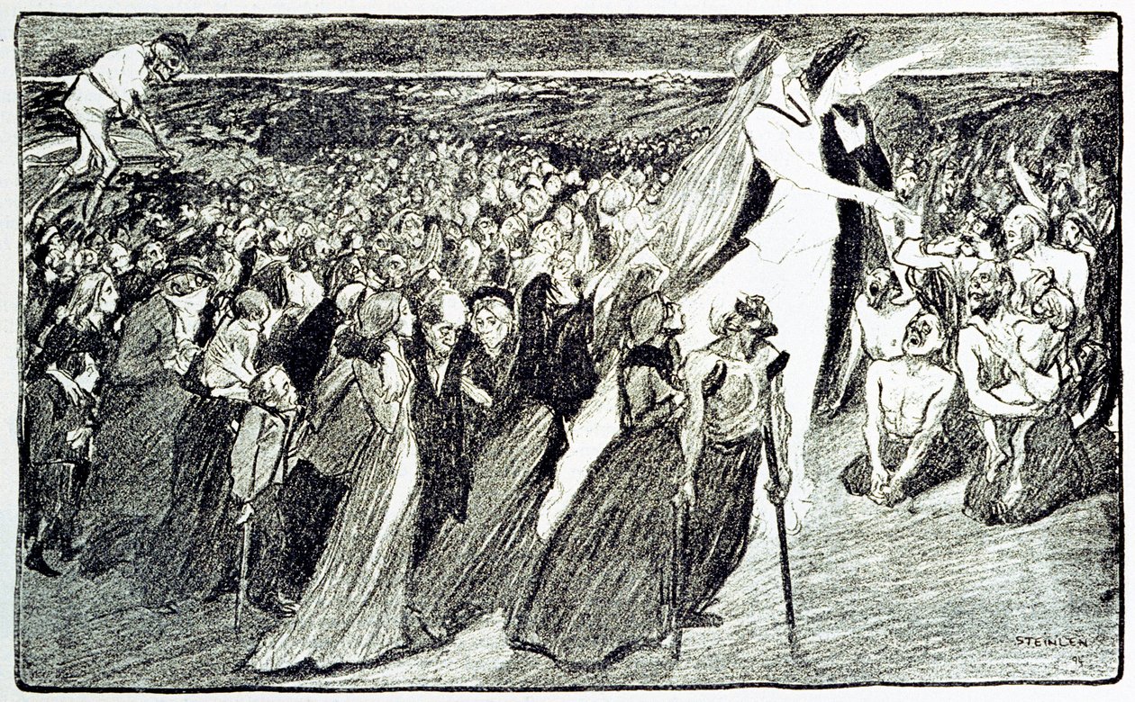 Procession under pilgrimsfærden i Lourdes, allegori af Theophile Alexandre Steinlen (1859 - 1923) illustrerende "Lourdes" af Emile Zola (1840-1902) hentet fra "Gil Blas illustrious"" af Unknown artist