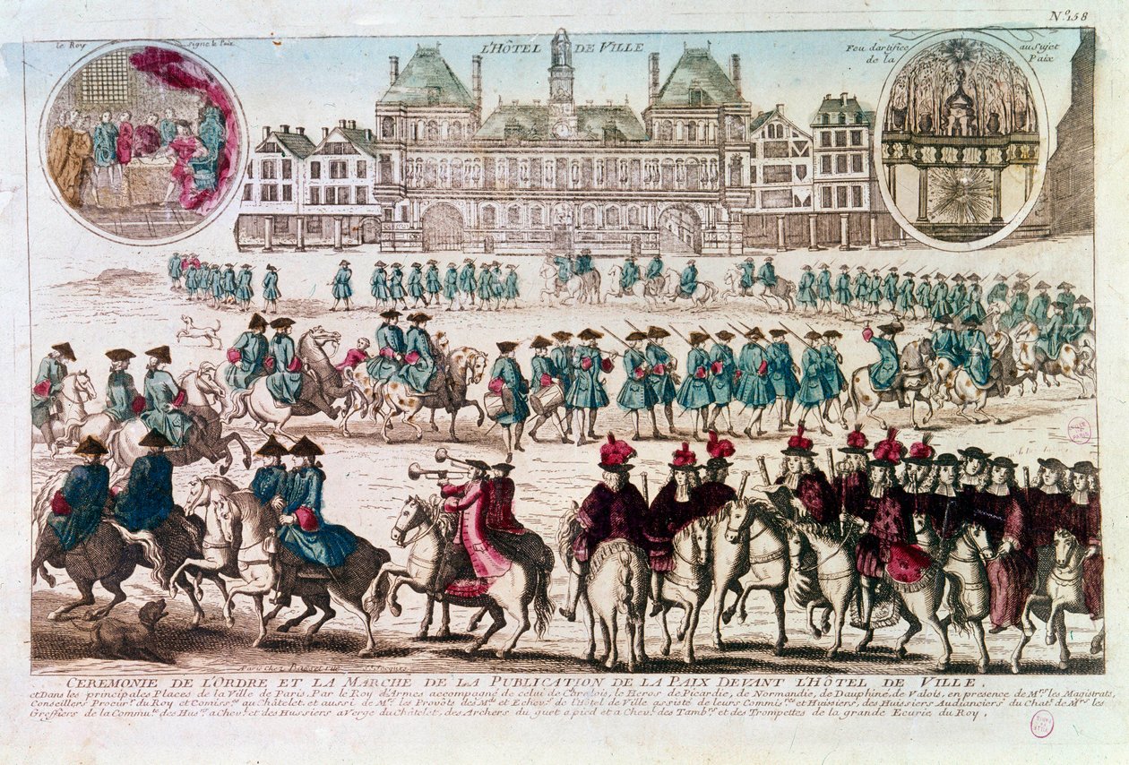 Procession i anledning af Fredsudgivelsesceremonien foran Rådhuset (Place de Greve). Indgravering af det 18. århundrede f.Kr. Paris af Unknown artist