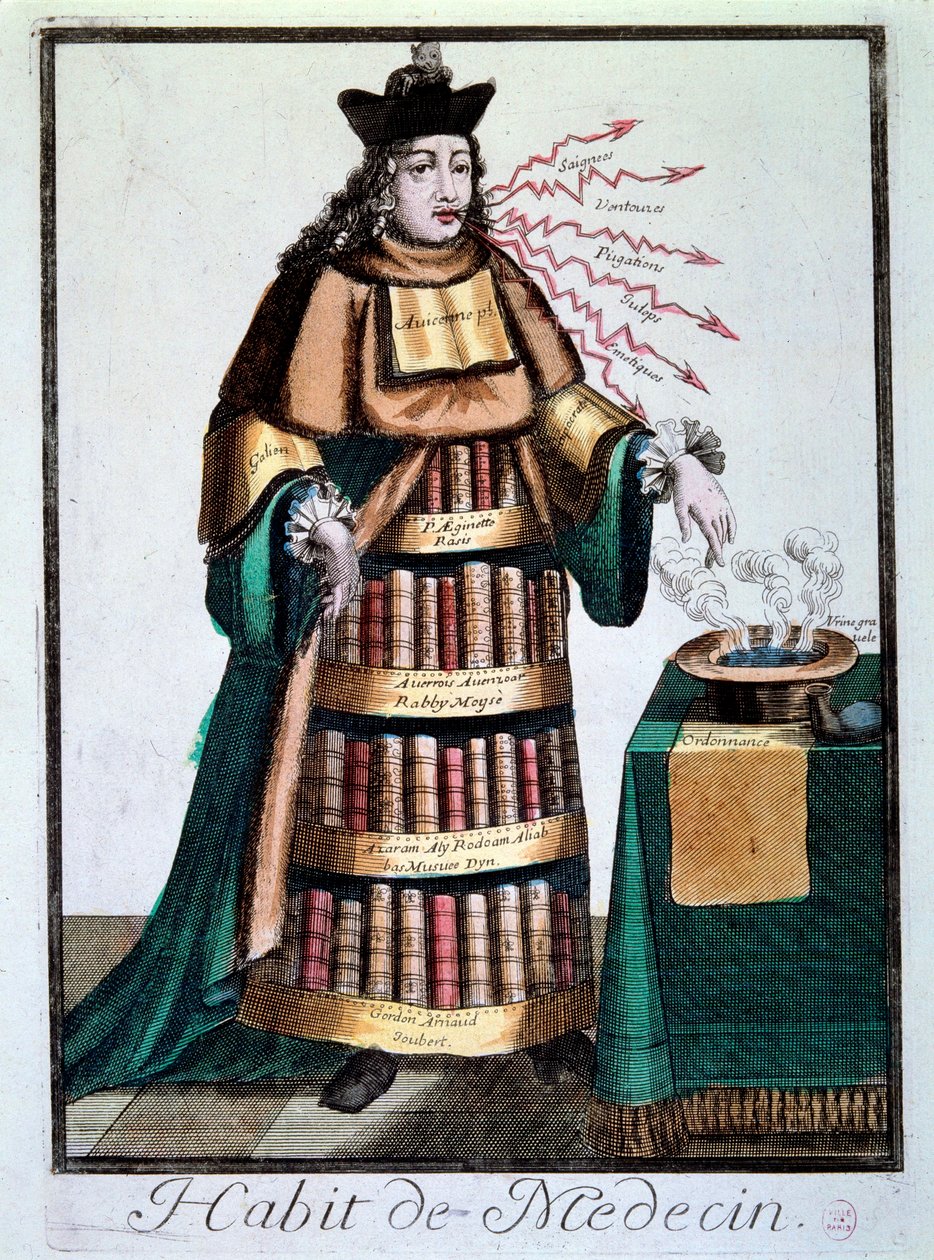Erhverv: "" lægens kjole"" En mand iført Galiens bøger, Avicenna (Avicenna), der betegner et bassin, der indeholder en væske, en recept og citerer behandlinger. Gravering af det 18. århundredes Paris, Musee Carnavalet af Unknown artist