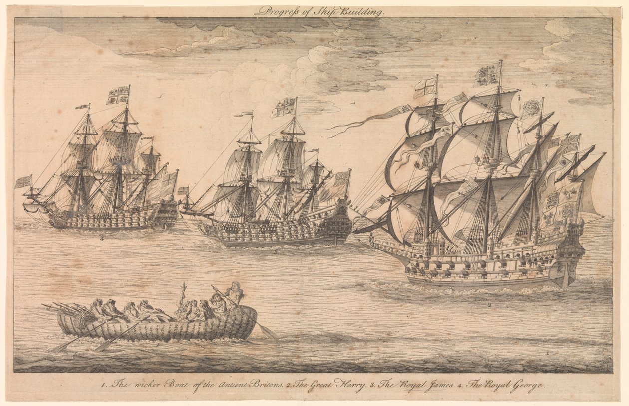 Fremskridt inden for skibsbygning. 1. De gamle briters flettede båd 2. Den store Harry 3. Den kongelige James 4. Den kongelige George af Unknown artist