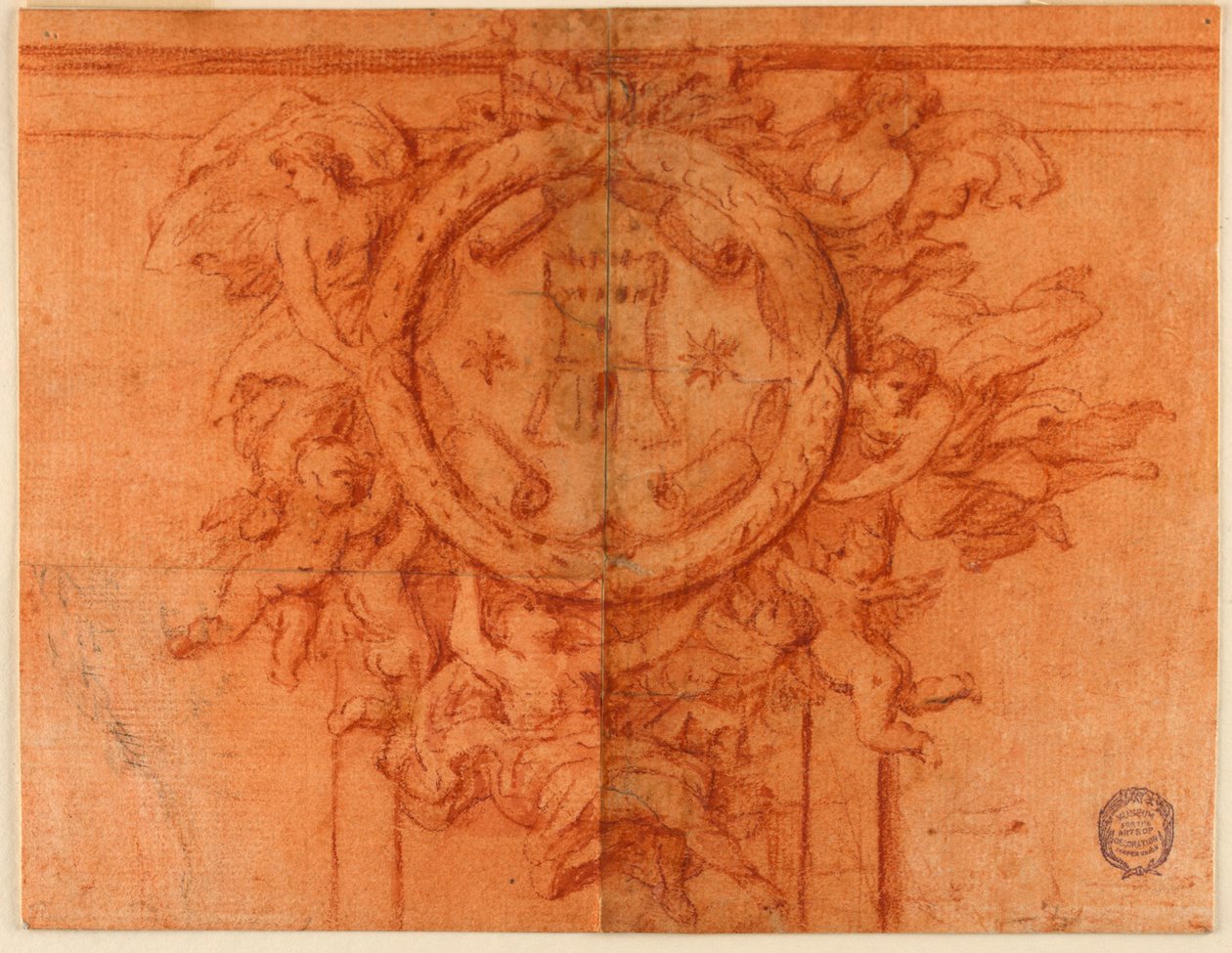 Projekt til vægdekoration (Kvindefigurer og putti understøtter en cirkulær medaljon med våbenskjold) af Unknown artist