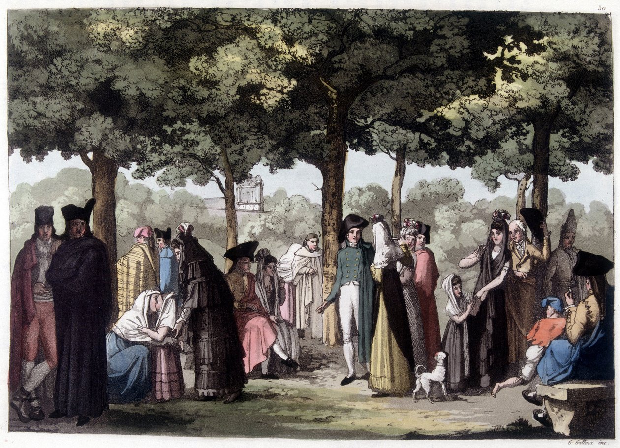 Promenade på esplanaden i Barcelona. 1800-tallets litografi. af Unknown artist
