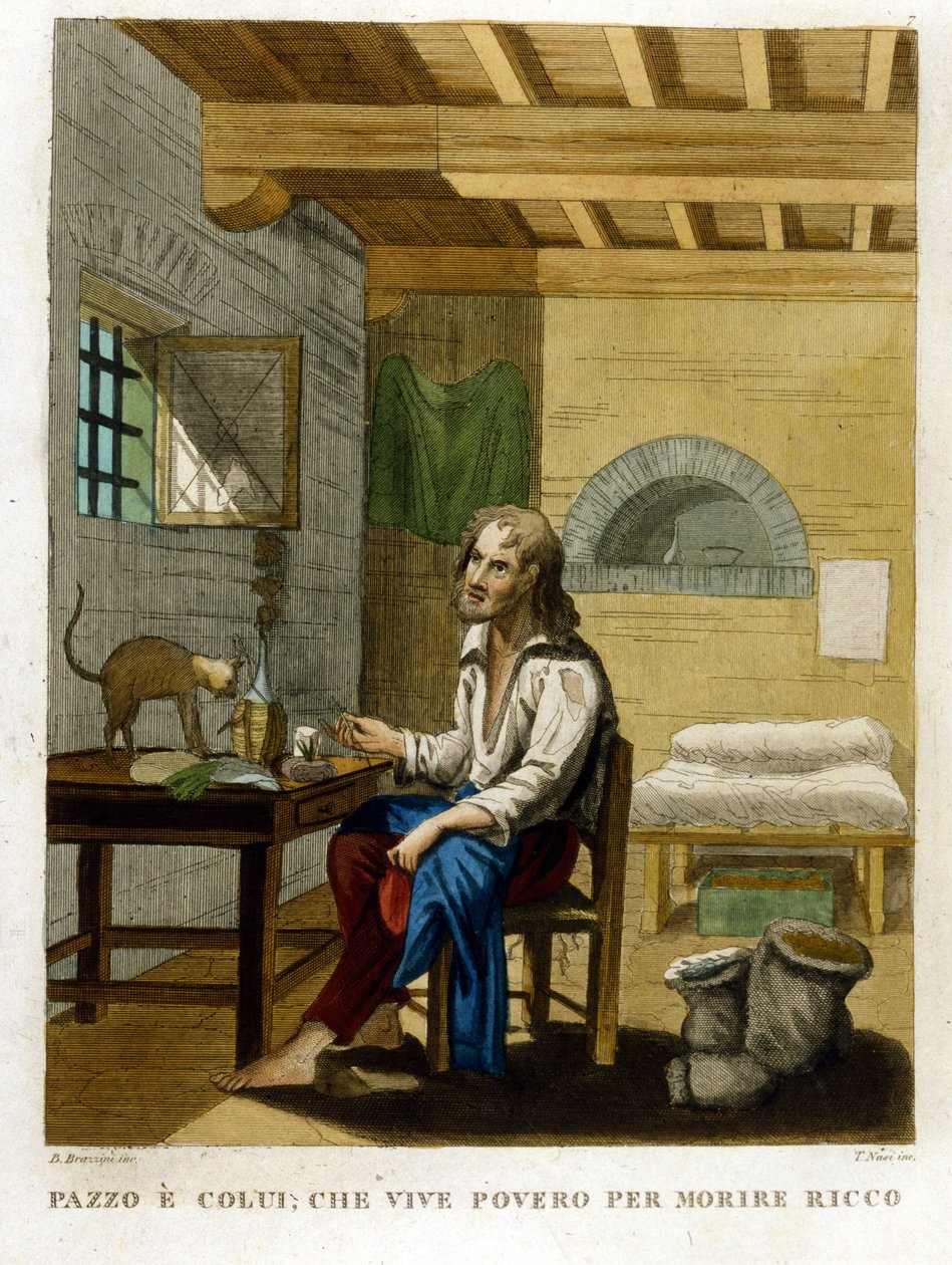 Ordsprog, der illustrerer grådighed: "At leve fattig for at dø rig". af Unknown artist