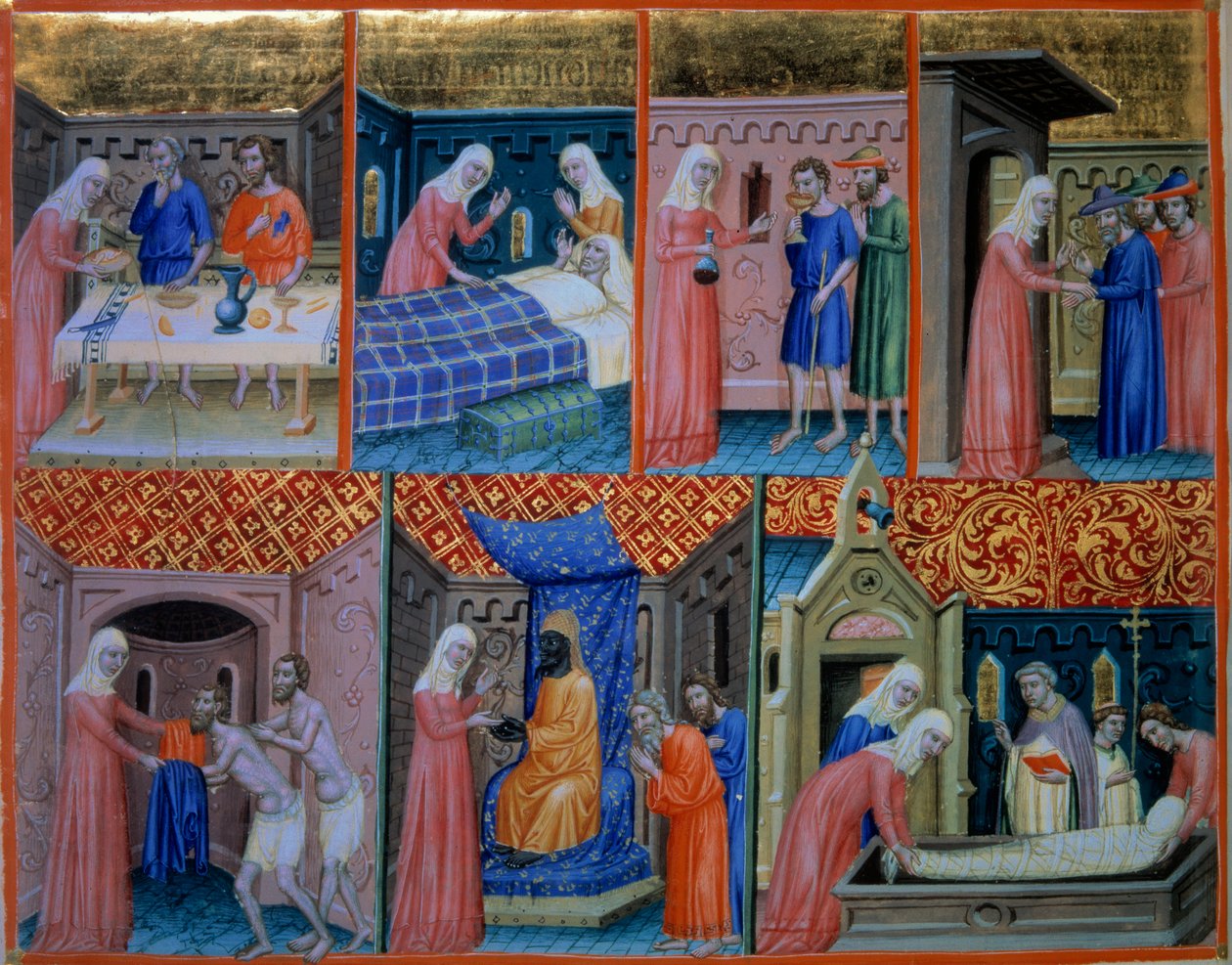 Salme 88: Næstekærlighed. Kvinde betjener to fattige ved bordet, besøger en syg, drikker to fanger, byder rejsende velkommen, giver tøj, køber fanger og begraver en død mand. Miniature i "" Psalter of Canterbury"" (f.156v), v.1200-1250. BN, af Unknown artist