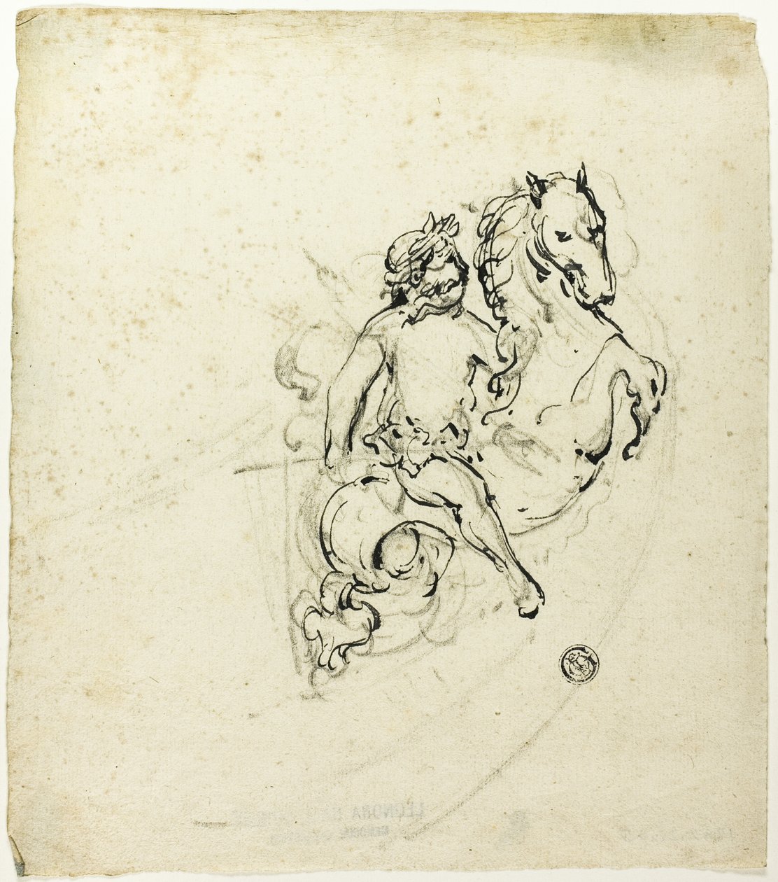Putto kronet med laurbær, på springende hest af Unknown artist