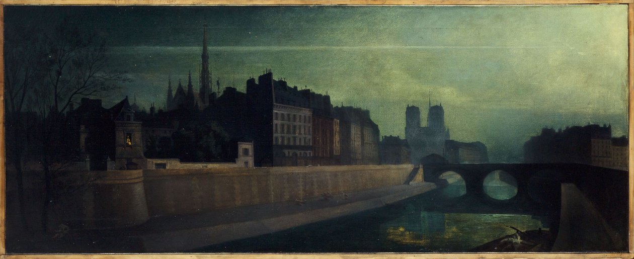 Quai des Orfêvres, Pont Saint-Michel, Notre-Dame, ca. 1860; natteffekt, nuværende 1. og 4. arrondissement, mellem 1855 og 1865 (olie på lærred) af Unknown artist