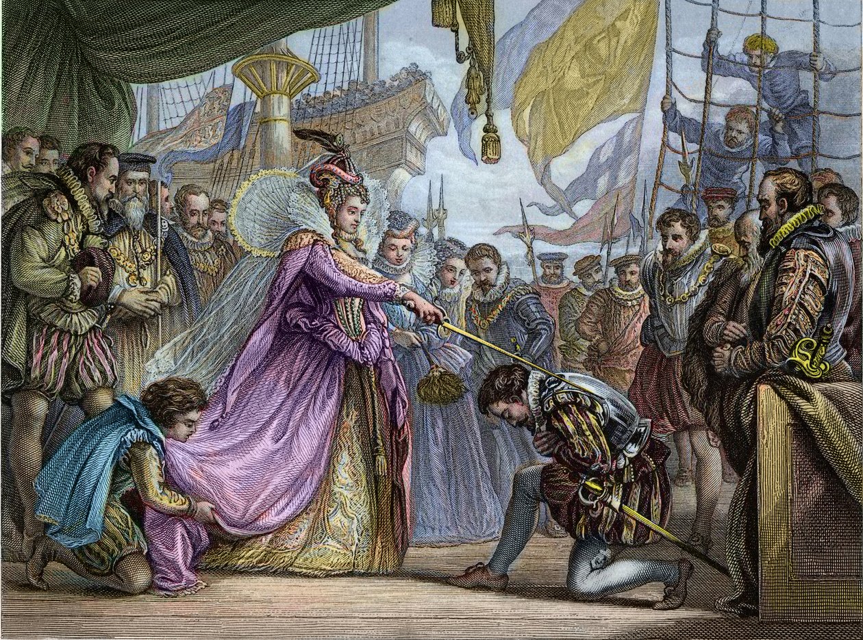 Dronning Elizabeth I (1530-1603) ridder Francis Drake (1540-96) - Opblødning af Francis Drake (1540-1596) af Unknown artist