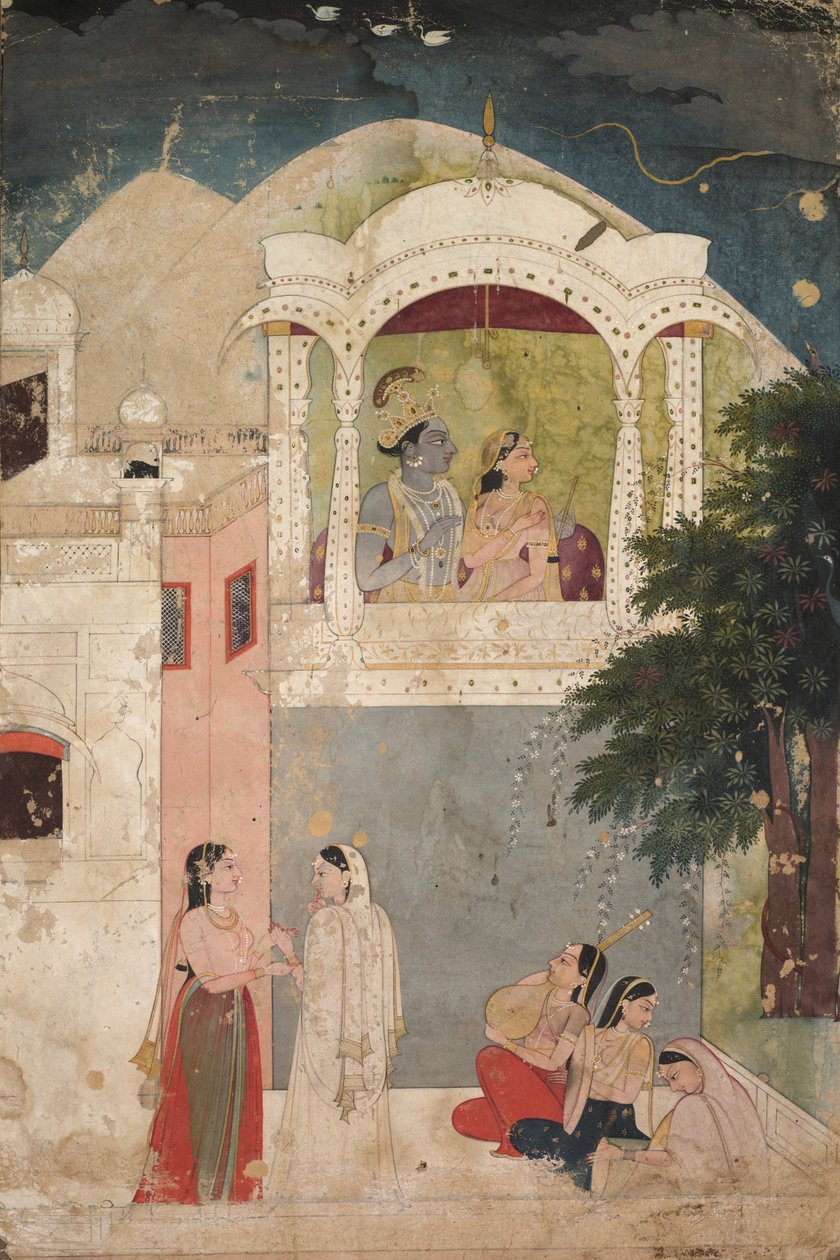 Radha og Krishna sidder på en balkon af Unknown artist