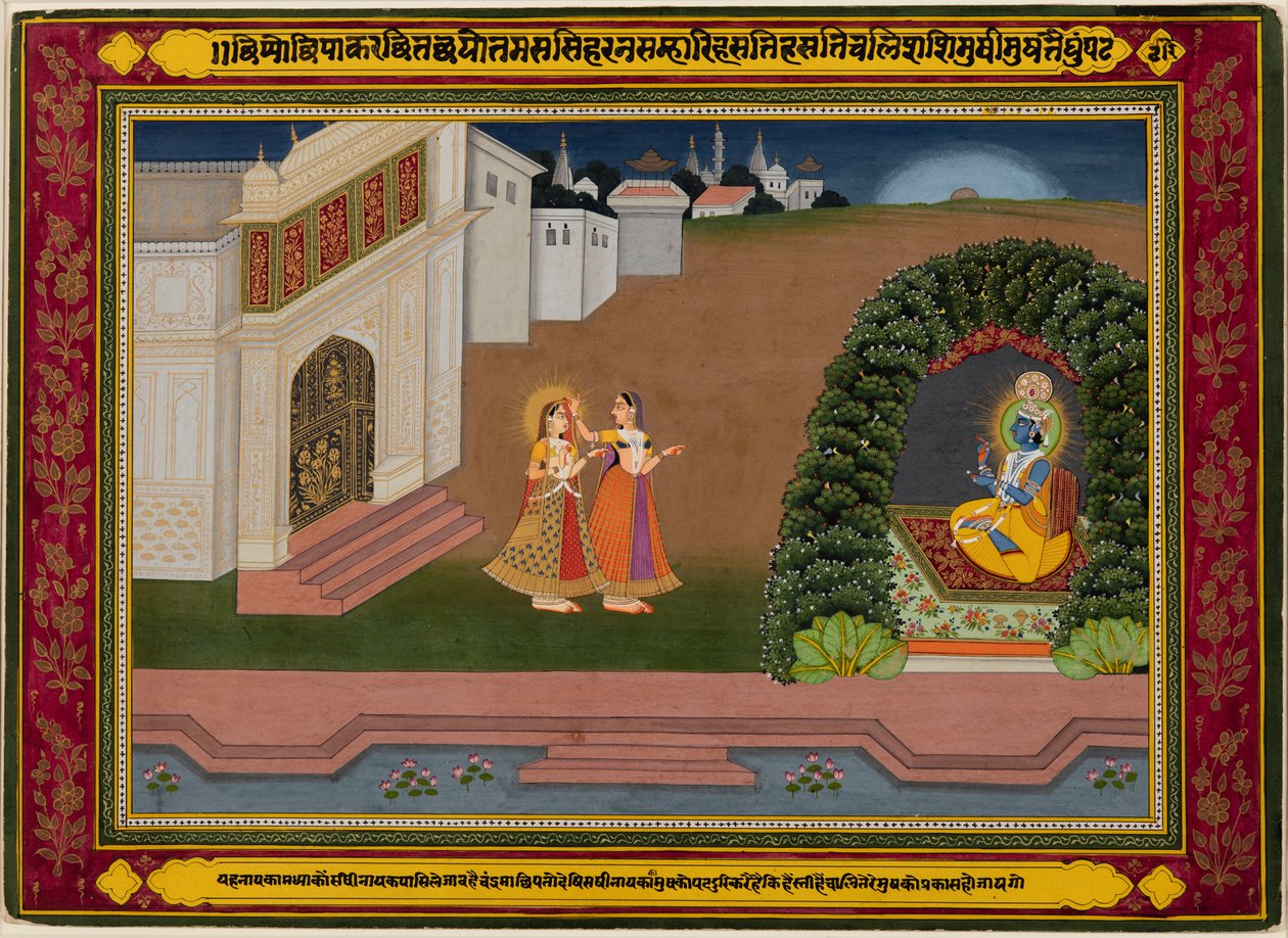 Radhas fortrolige bringer hende til Krishna, baseret på Biharis poesi (indisk, 1595-1663) af Unknown artist
