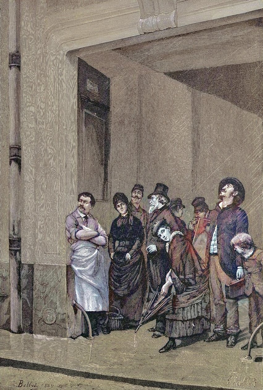 Regnvejr, mennesker, der står under et tag og venter på, at regnen stopper, maleri af A. Bellet af Unknown artist