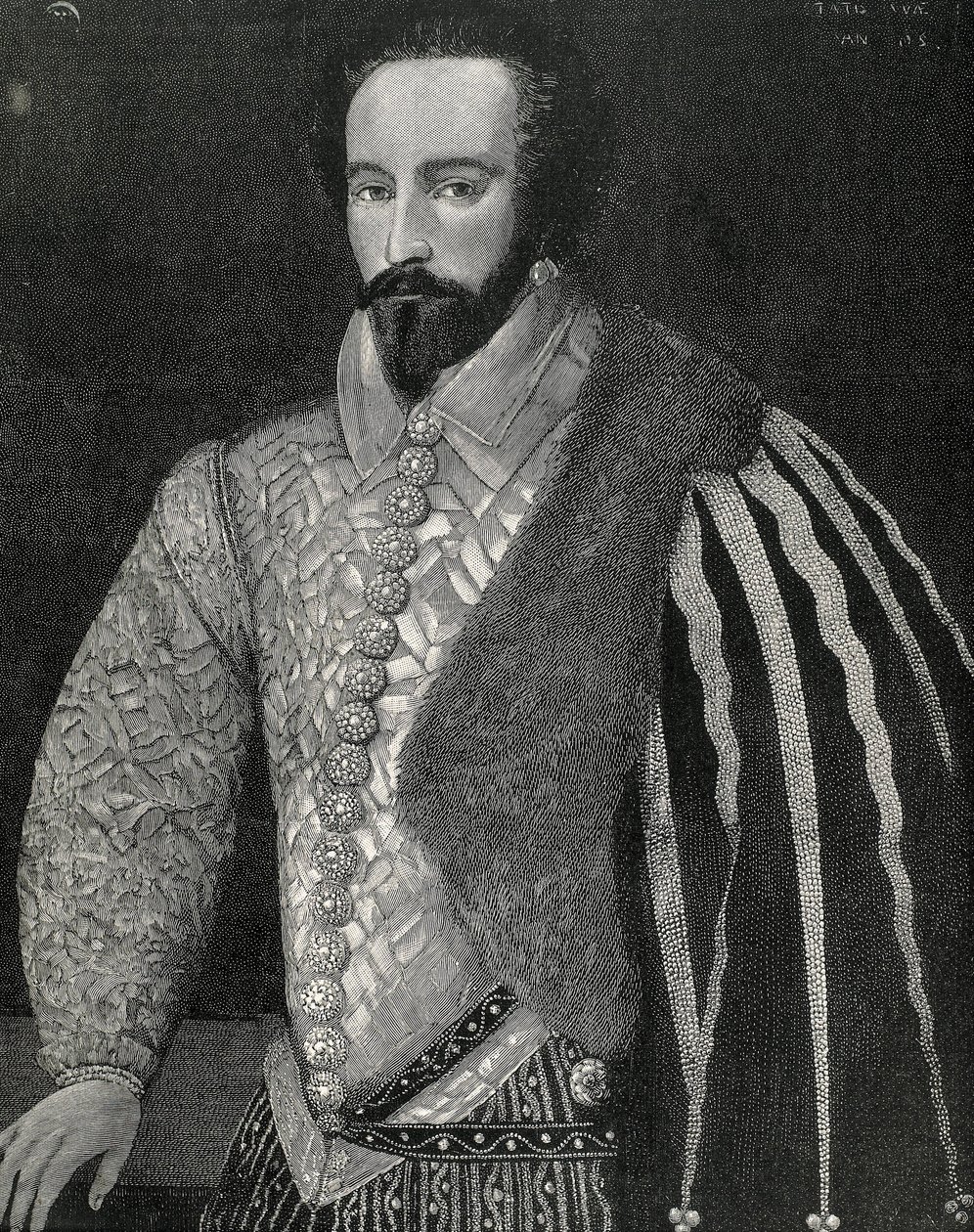 Raleigh, Sir Walter (1554-1618). Engelsk sømand, opdagelsesrejsende og mægler. Portræt af Sir Walter Raleigh. Graveret i 1891, udført efter en anonym original, der er bevaret på National Portrait Gallery i London. Gravering. af Unknown artist