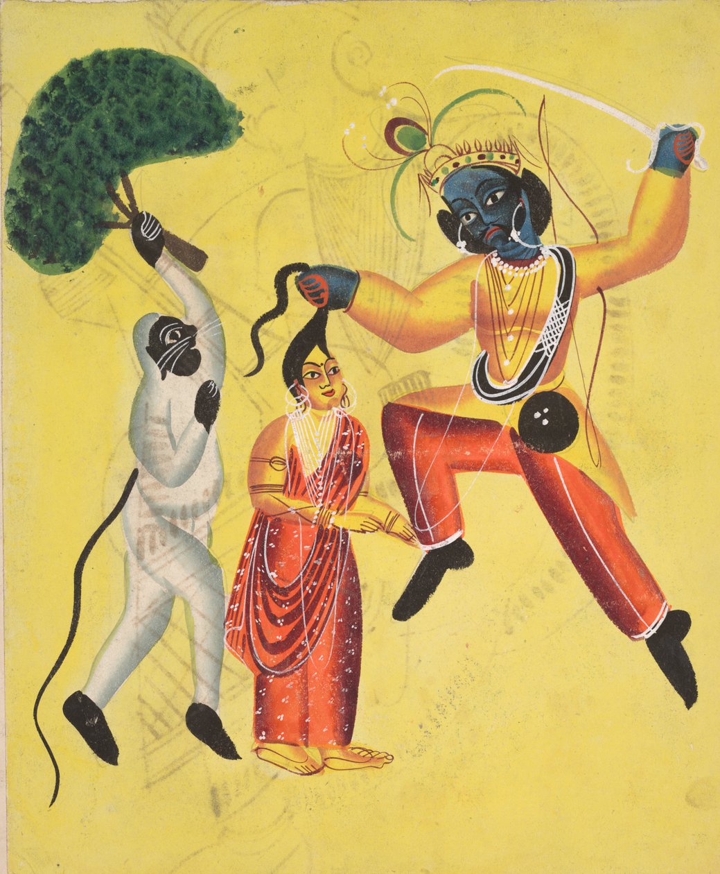 Rama og Hanuman, holder et oprevet træ, redder Sita (recto) af Unknown artist