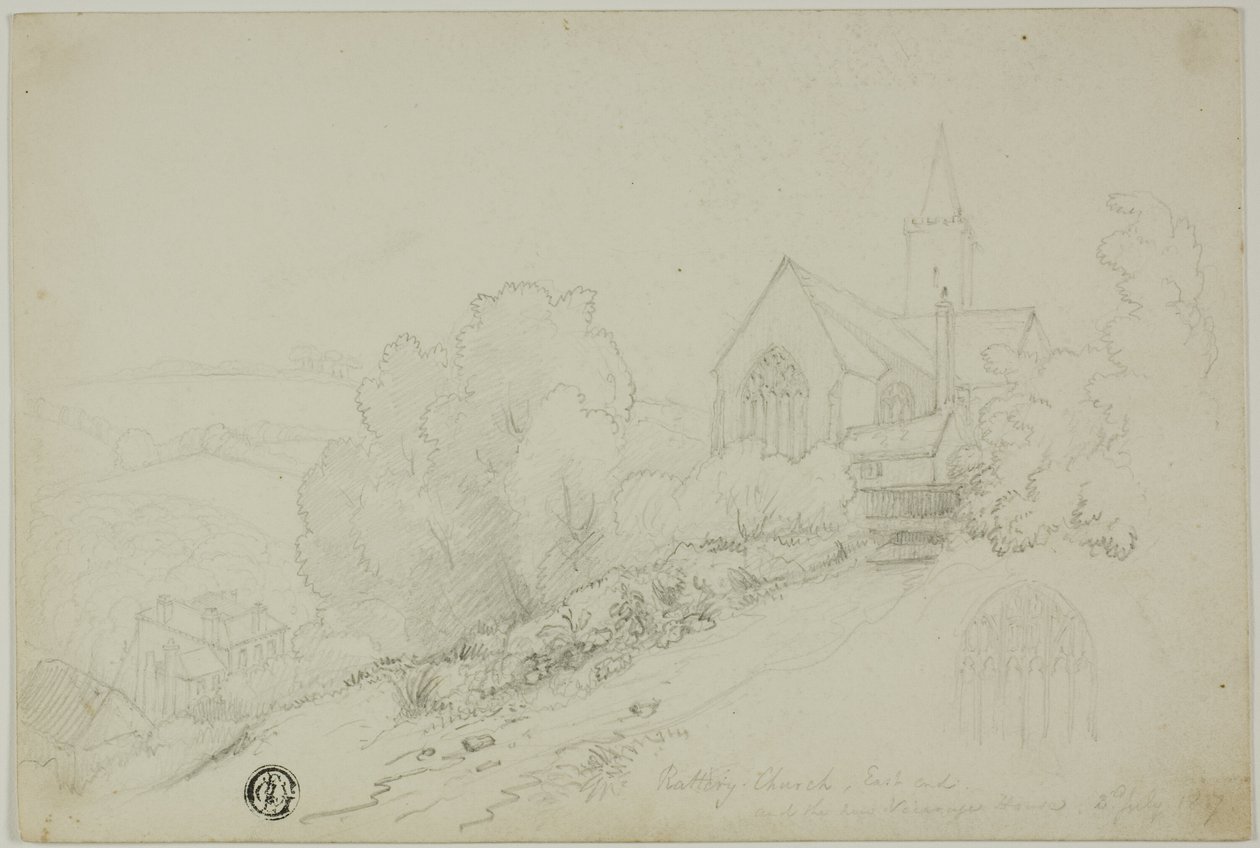 Rattery Church, East End og det nye Vicarage House af Unknown artist