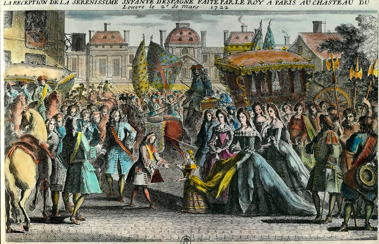Modtagelse af Spaniens spædbarn Marie Anne Victoire (1718-1781) af kong Ludvig XV i Paris ved Louvre den 2. marts 1722. Mariana Victoria de Borbon blev i en alder af 3 forlovet med Ludvig XV i en alder af 11. Gravering af det 18. århundrede. Privat samling af Unknown artist