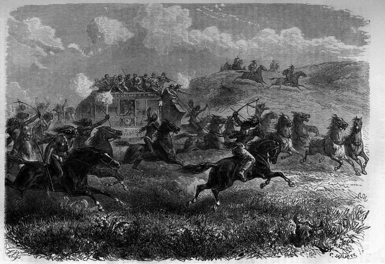 Red Skin Riders angriber en diligence i prærien. Indgravering i "Le journal de la jeunesse"" af Unknown artist