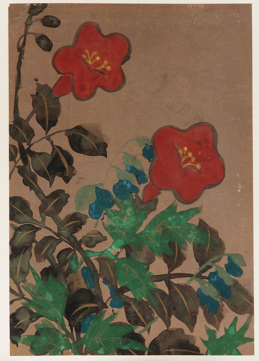 Røde og blå blomster og løv af Unknown artist