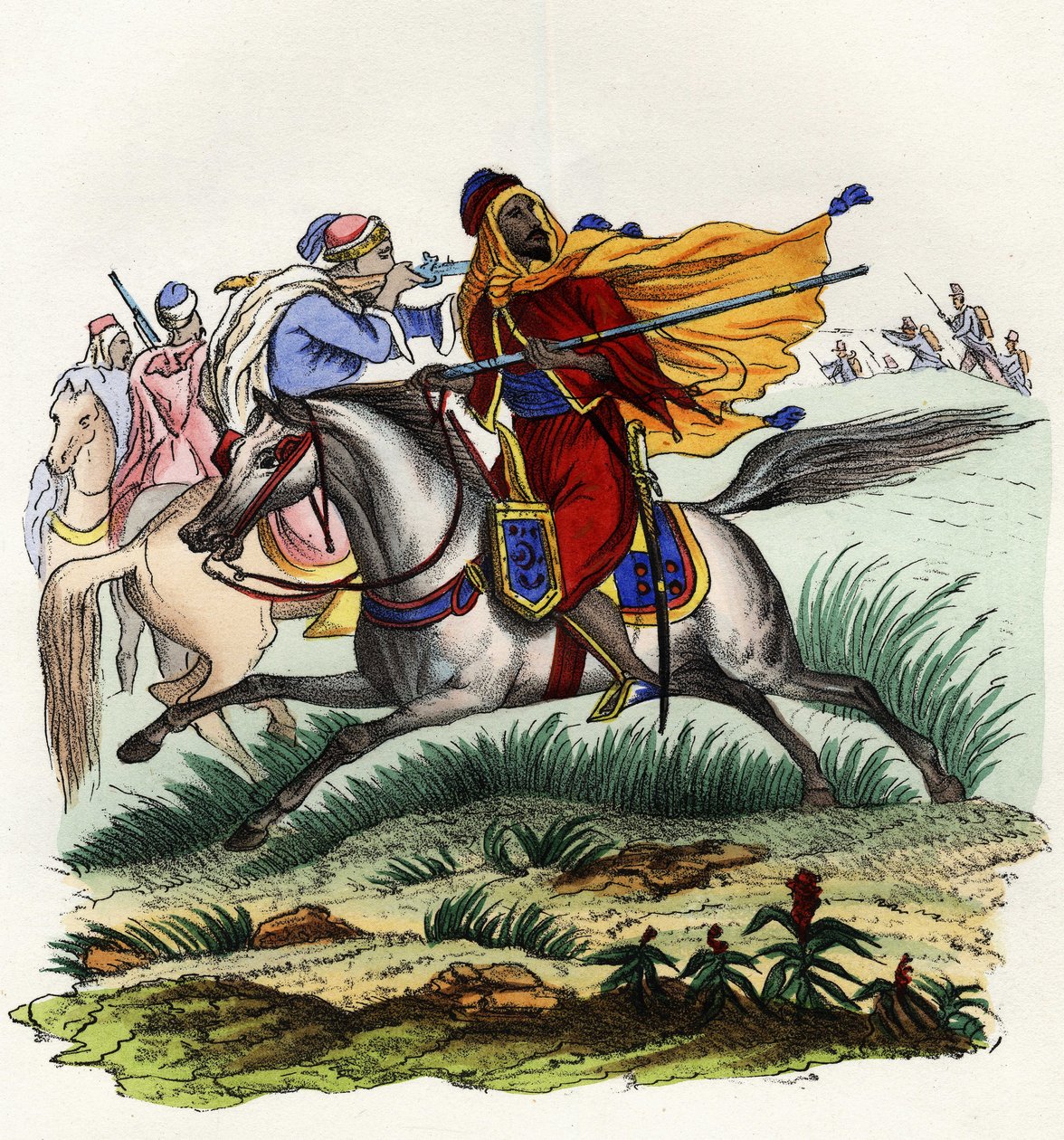 Røde ryttere fra Emir Abd-el-Kader flygter foran jægerne fra den franske hær af Afrika i Oran i 1841. I "" Storia d