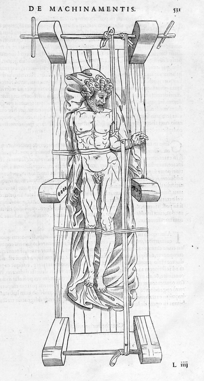 Reduktion af brud: en mand er fikseret på en båre, hans brækkede arm er strakt mellem de to akser. Plade illustreret af "" De dissectione partium corporis humani lbri tres... "" af Carlo Stefano Riverio, Paris 1545. af Unknown artist