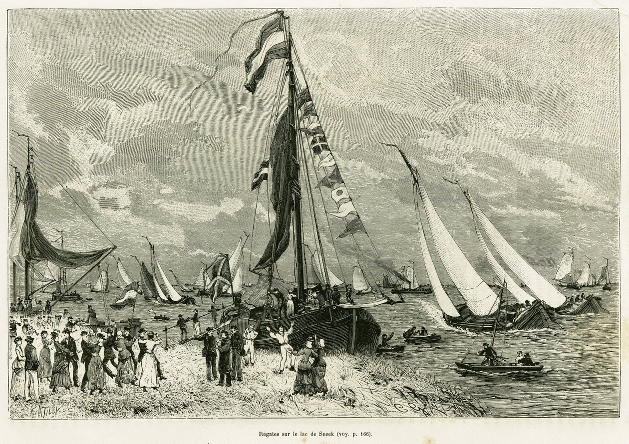 Regates ved Sneek-søen (Holland). Gravering for at illustrere historien La Frise, baseret på et forhold fra en hollandsk avis, i le tour du monde 1886, instrueret af Edouard Charton (1807-1890), Hachette, Paris. af Unknown artist