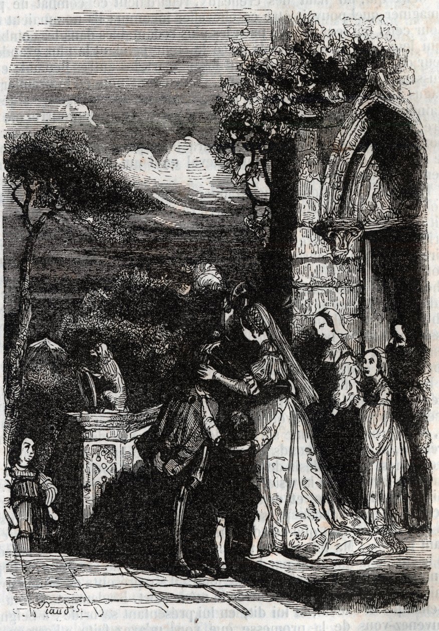 Renaud vender tilbage til sin familie - gravering af 1851 fra "" Furious Roland"" af Unknown artist