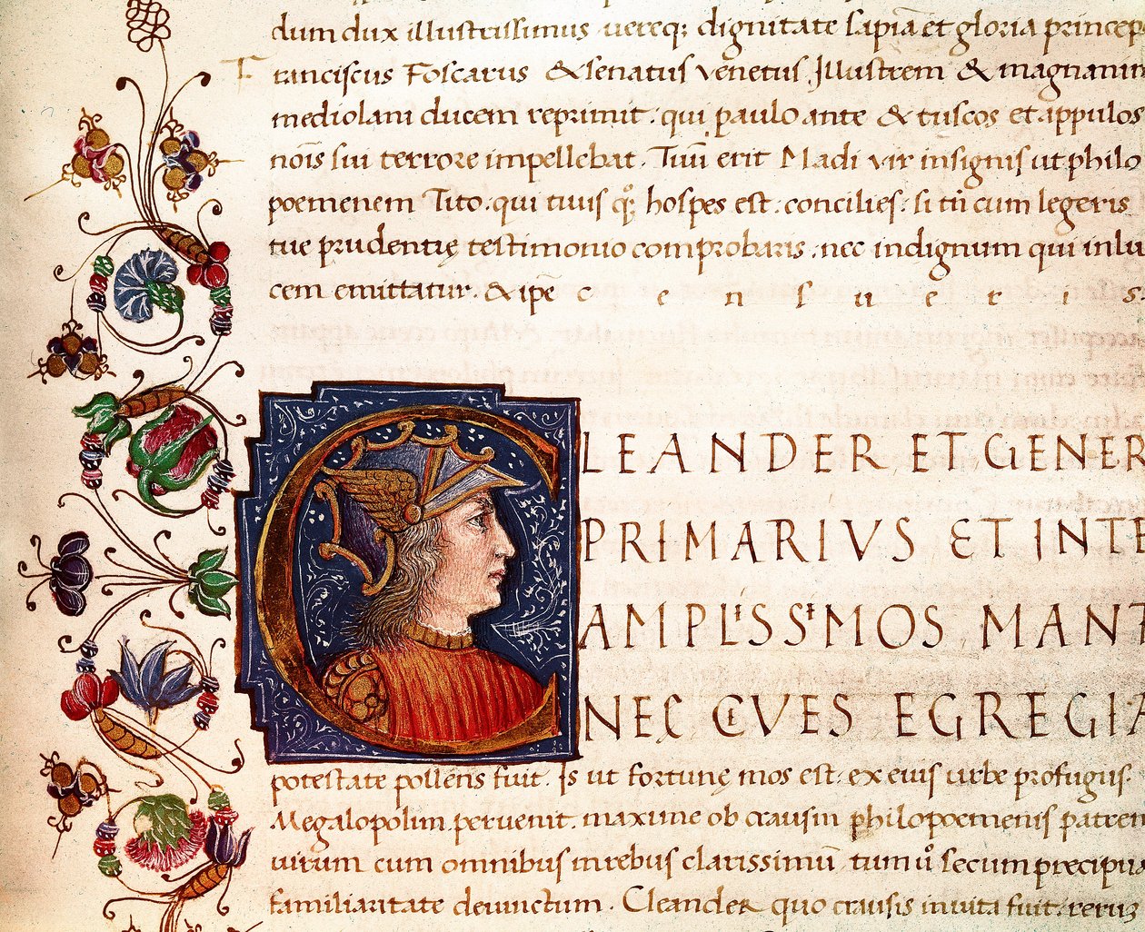 Repræsentation af Alexander den Store (356-323 f.Kr.) konge af Macedoine Miniature taget fra "" Paralleles of illustrious men""" fra Plutarch (46-125 AD) (MS. XV. 1) 15. århundrede. Cesena, Biblioteca Malatestiana af Unknown artist