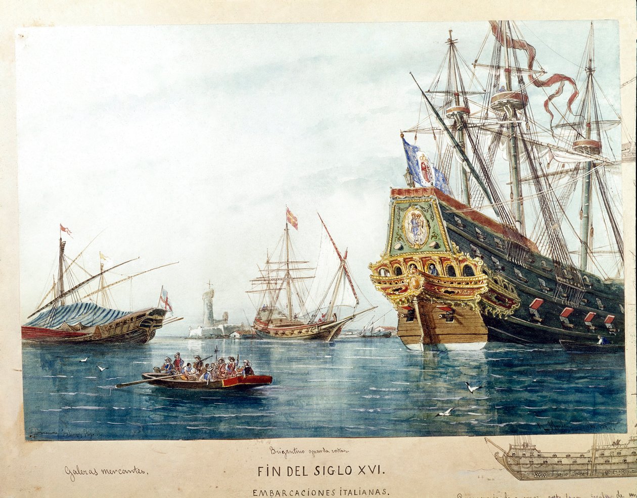 Repræsentation af italienske skibe, galeres, brigantine fra det 16. århundrede (Akvarel af Unknown artist