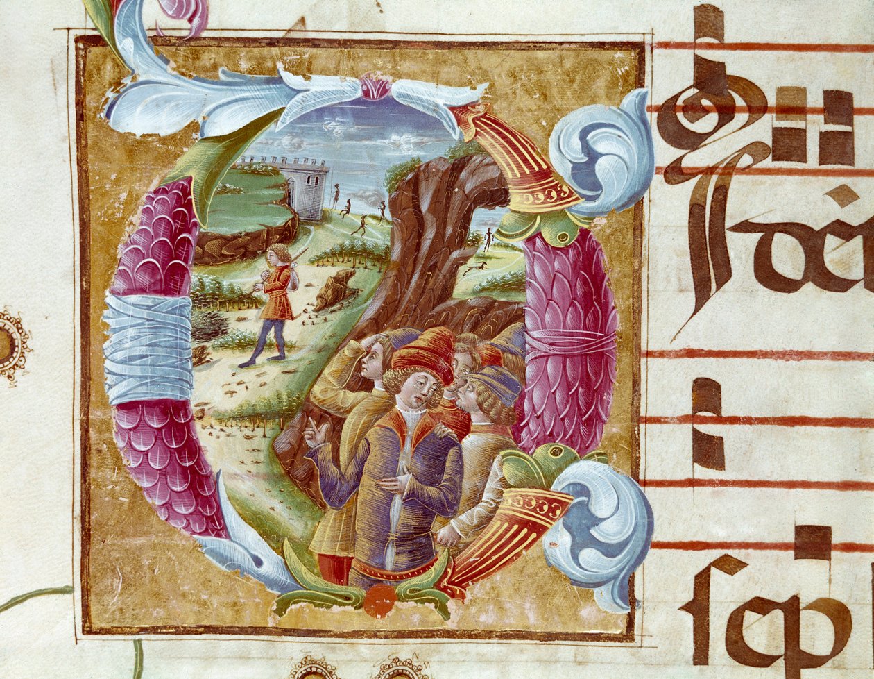 Repræsentation af Joseph og hans brødre Detalje af en letrine i et antifonarium (Antiphonarium II) fra det 15. århundrede. Cremone, Biblioteca governativa Italien af Unknown artist