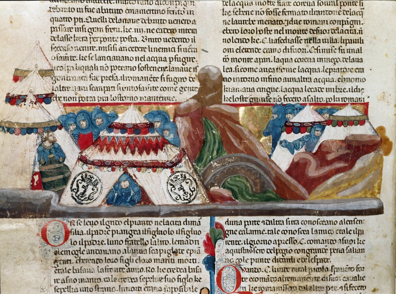 Repræsentation af Jules Cesar (101-44 f.Kr.), der sidder i nærheden af sin militærlejr. Detalje af en manuskriptside "" Facts of the Romans"" (Ms 1538, fol. 24v) omkring 1340 Firenze, Biblioteca Riccardiana af Unknown artist