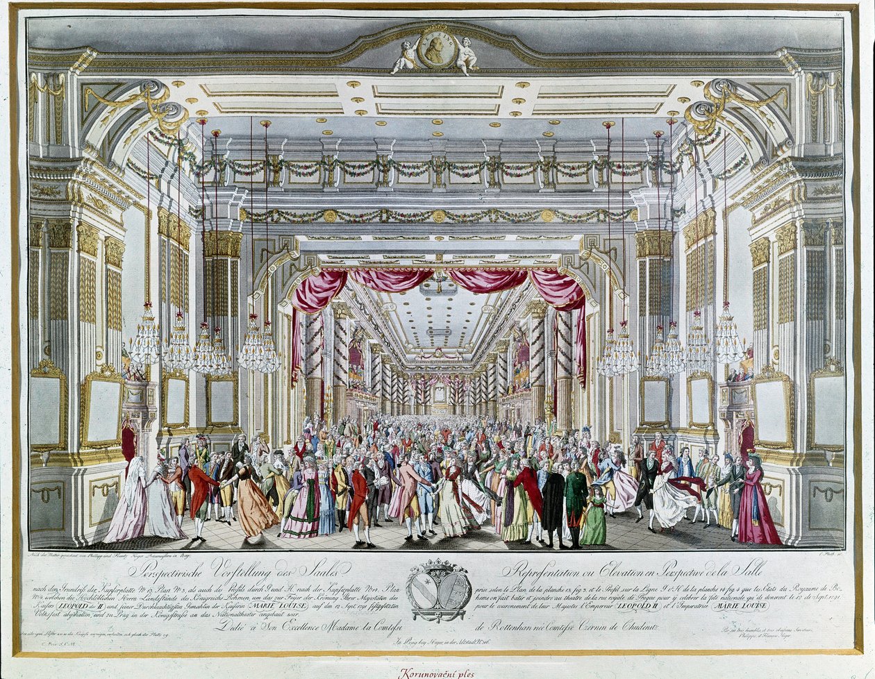 Repræsentation af "La Clemenza di Tito"" (La Clemence de Titus) af Wolfgang Amadeus Mozart (1756-1791) ved kroningsfesten for kejser Leopold II af Østrig (1747-1792) som konge af Böhme i 1791 i teatret i Royal Street i Prag. Prags museum af Unknown artist