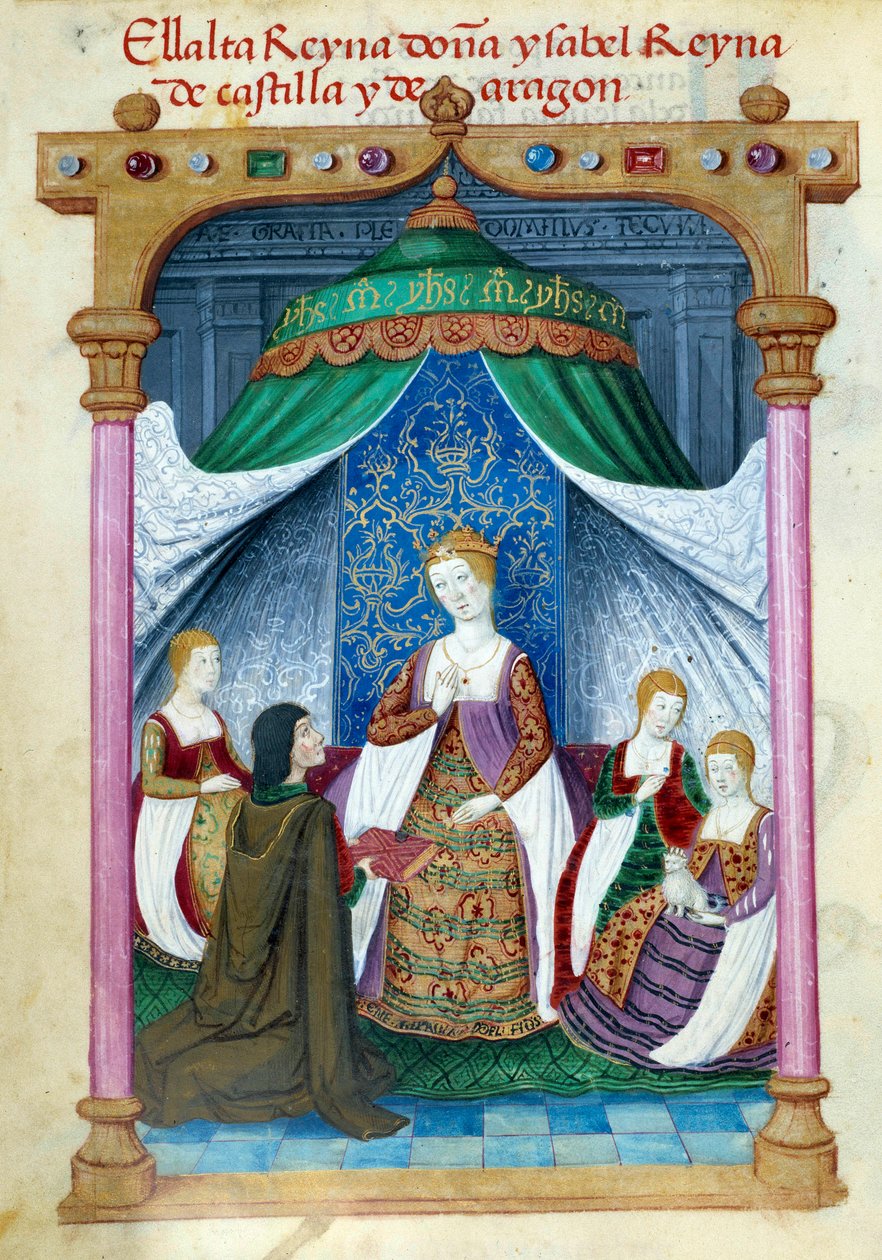 Repræsentation af dronning Isabella af Portugal Isabella af Aragon (1271-1336) omgivet af sine ledsagere og Pedro Marcuello, der tilbyder hende sin bog. Manuskriptside taget fra "" Samling af hengivenhed af Dronning Joan the Folle (1479-1555) af Spanien""  af Unknown artist