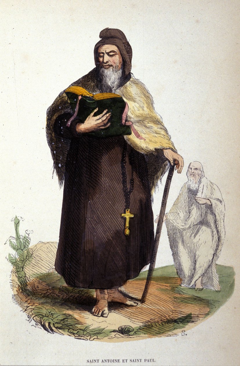 Repræsentation af Sankt Antonius den Store, egyptisk anachoret (251 - 356), grundlægger af kristen eremitisme og Sankt Paul af Theben (han ville være gået forud for Sankt Antonius i Thebaide). Indgravering af det 19. århundrede. af Unknown artist