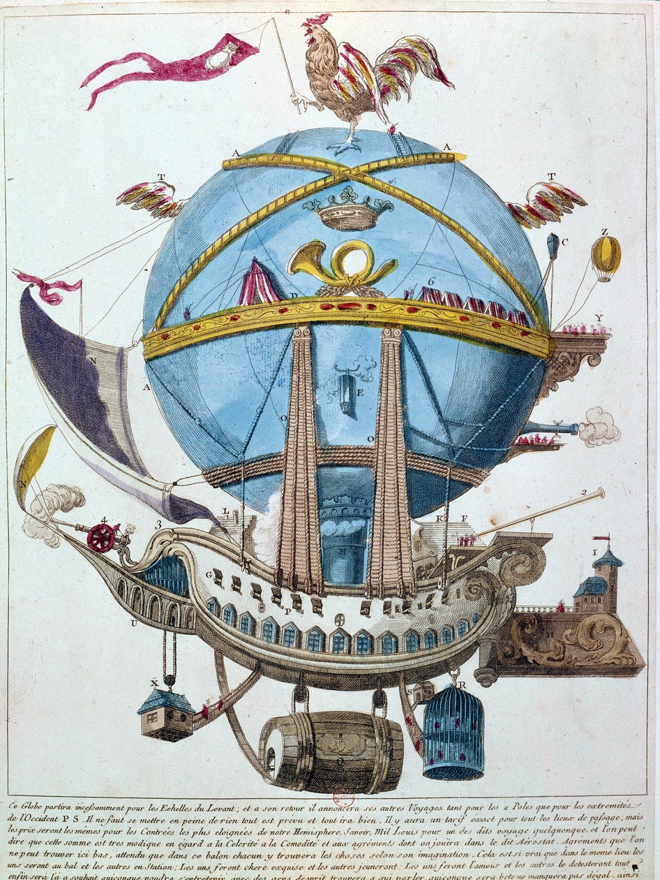 Repræsentation af en rejse i en ballon, satirisk gravering af det 18. århundrede. af Unknown artist