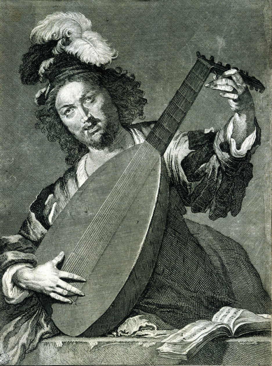 Repræsentation af en lutspiller, der stemmer sit instrument. af Unknown artist