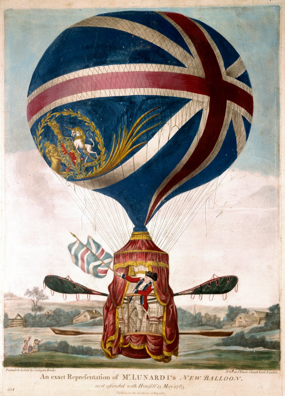 Repræsentation af en ny ballon af Vincenzo Lunardi den 13/05/1785, han var den første, der fløj over England i 1783. Aerostatens lærred er dekoreret af Union Jack. Stik omkring 1785. Privat Samling af Unknown artist