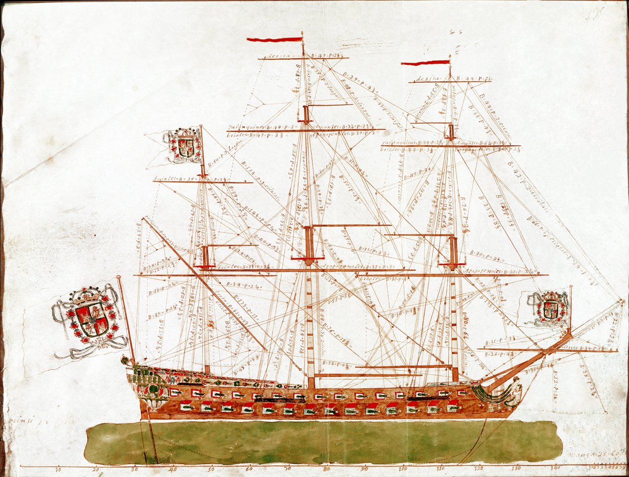Repræsentation af et krigsskib fra det 17. århundrede (Akvarel af Unknown artist