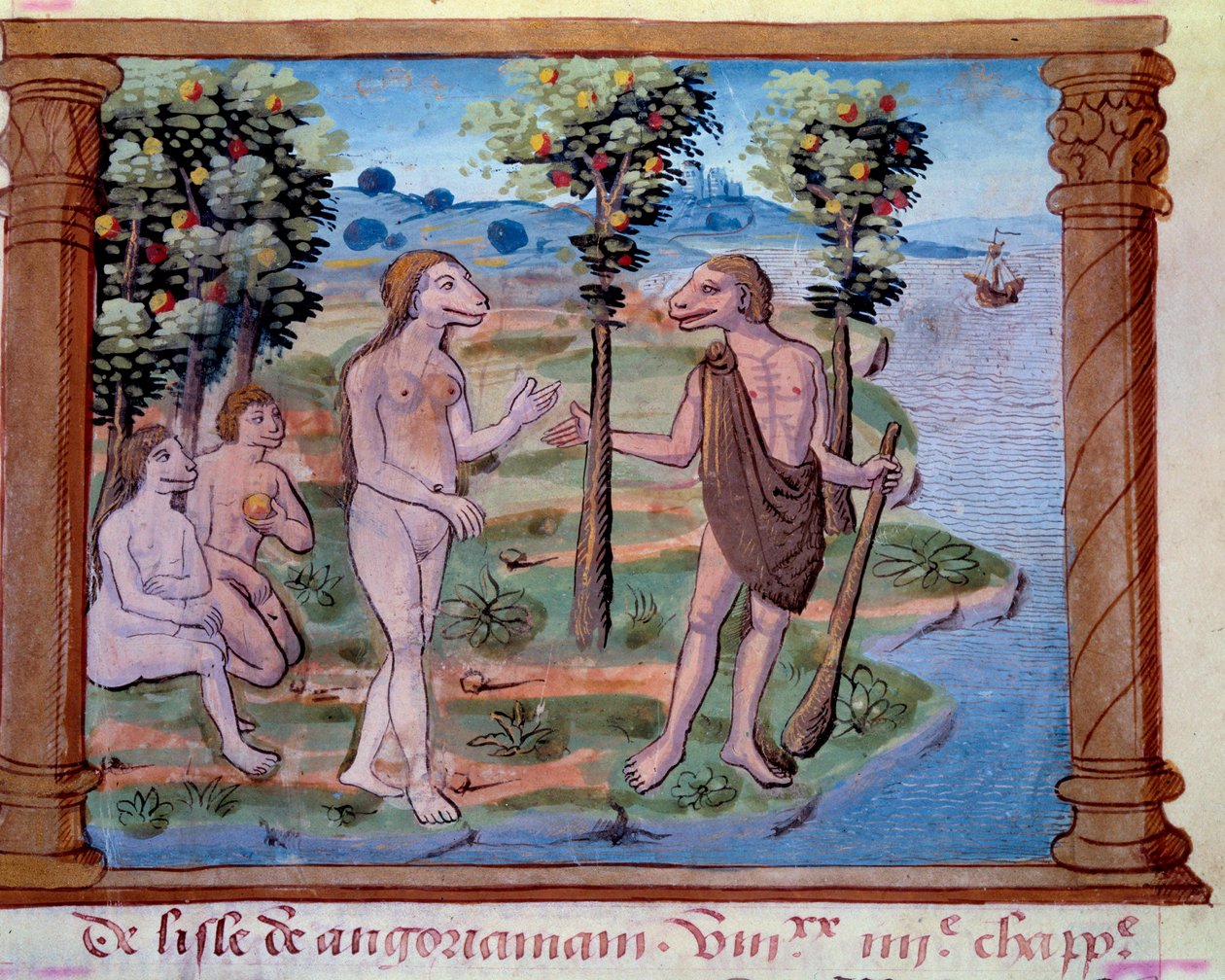 Repræsentation af monstrøse skabninger med en menneskekrop og hundehoved. Miniature taget fra "" Mongolernes historie kaldet af os tartarer, beskrivelse af skikke, geografi, historie og fremtrædende personer fra det mongolske folk"", rejsehistorie om franc af Unknown artist