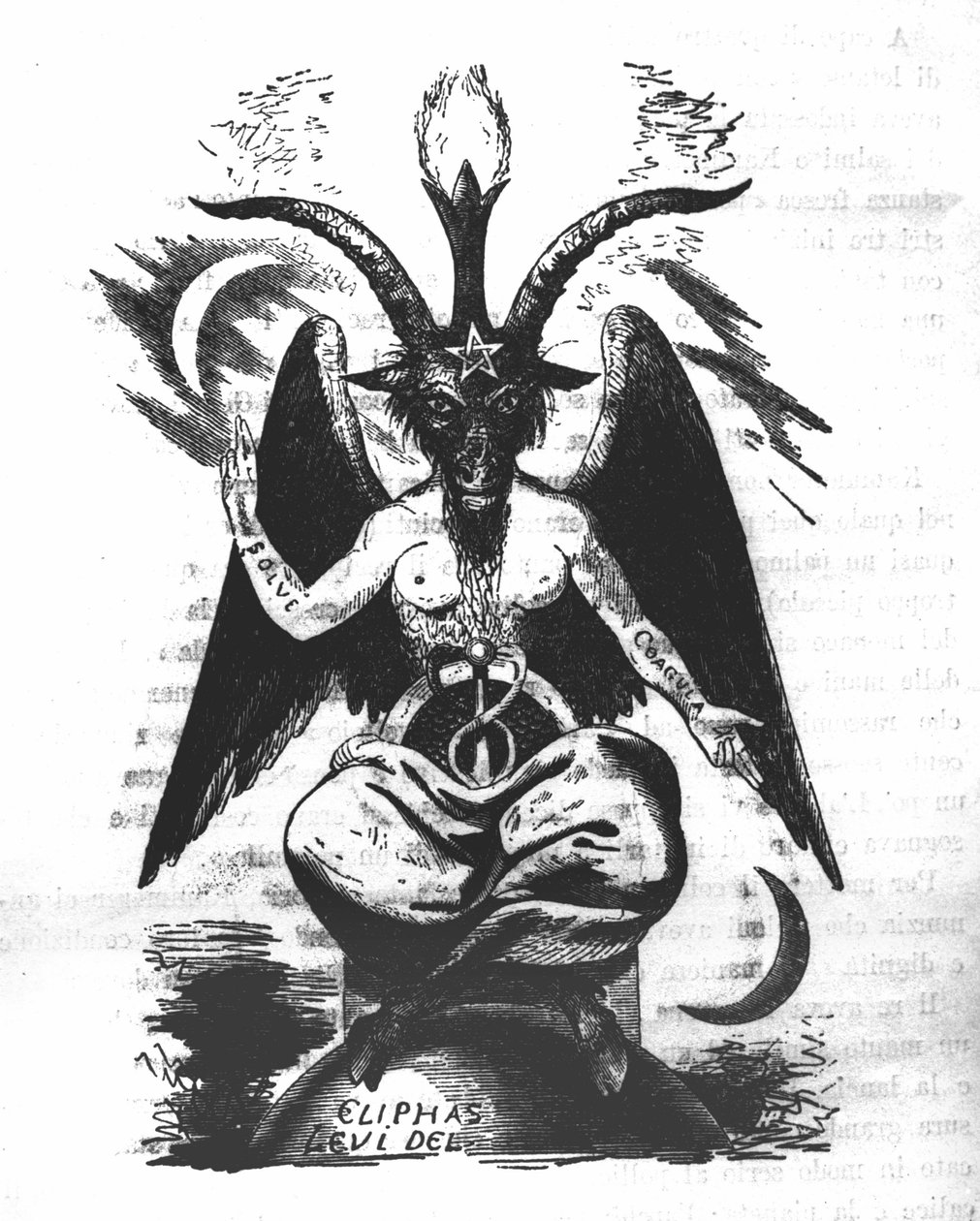 Repræsentation af Baphomet: et monster med et gedehoved og en kvindekrop med alkymistiske citater på armene "solve" og "coagula", en løvfældende mellem benene og et pentagram på panden. Eliphas Levis djævel (Alphonse Louis (Alphonse Lo af Unknown artist