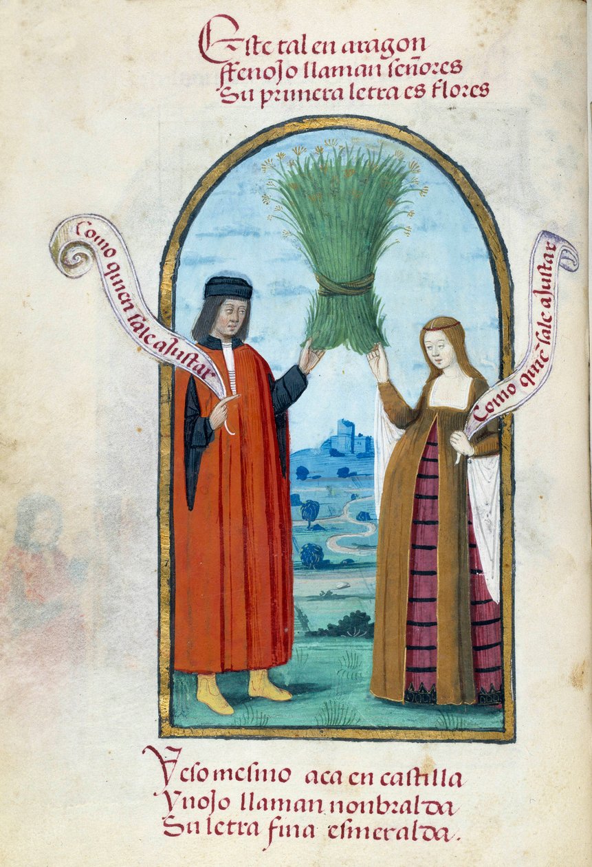 Repræsentation af de katolske konger Ferdinand II (1452-1516) og Isabella 1. af Castilien (1451-1504) med en støvle af vild fennikel. Manuskriptside taget fra "" Samling af hengivenhed af dronning Joan the Folle (1479-1555) af Spanien"" af Pedro Marcuello af Unknown artist