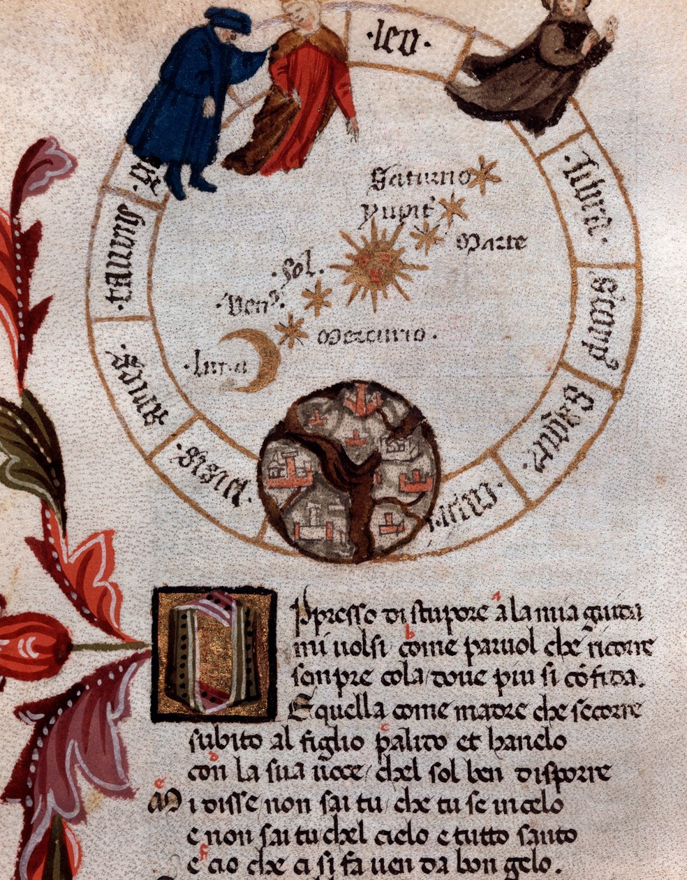 Repræsentation af den italienske digter Dante Alighieri og det ptolemæiske system - Miniature af Unknown artist