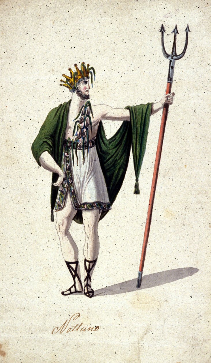 Repræsentation af den romerske gud Neptun, der holder en trefork (identificerer den græske Poseidon). Akvarel af det 18. århundrede. af Unknown artist