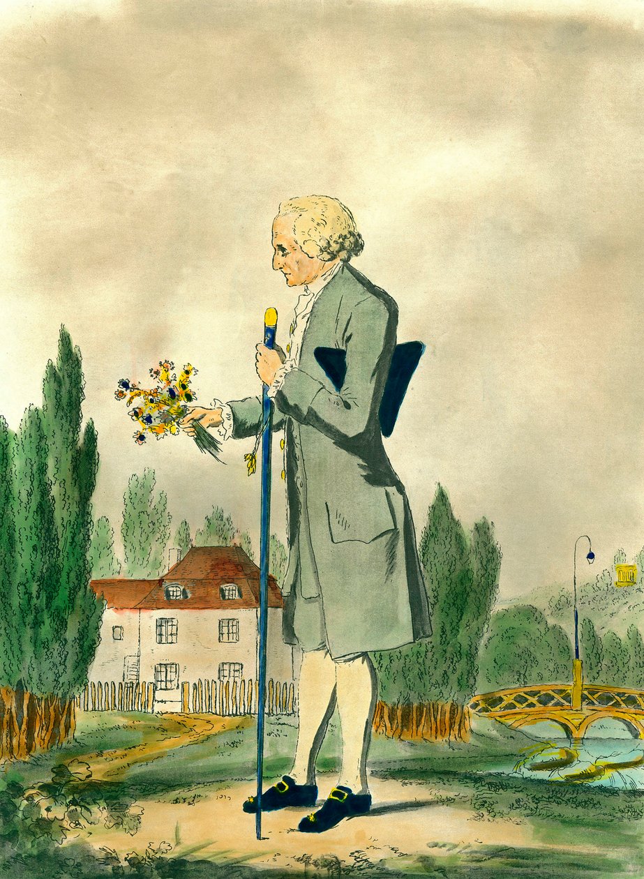 Repræsentation af den schweiziske filosof Jean Jacques Rousseau (1712-1778), der plukker blomster i Ermenonville. Indgravering af det 18. århundrede. Privat samling. af Unknown artist
