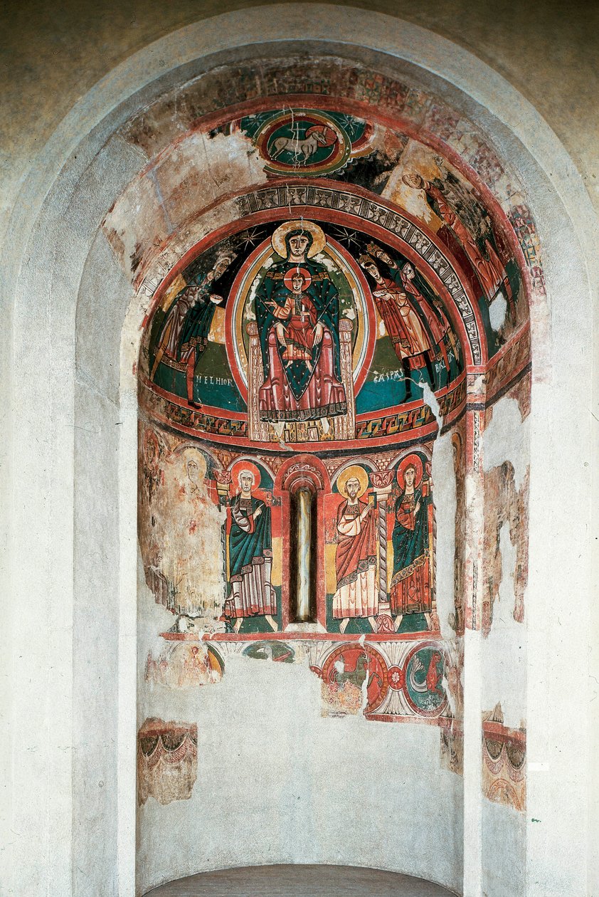 Repræsentation af Jomfruen og Barnet omgivet af Magi Kings. Fresko fra den centrale apsis i kirken Santa Maria in taull. Omkring 1123. Barcelona. Cataloniens nationalmuseum for kunst af Unknown artist