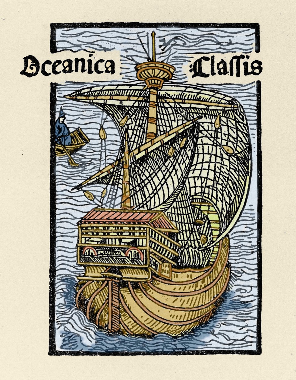 Repræsentation af karavellen Santa Maria af Christopher Columbus (1451-1506). Indgravering fra “De insulis in mare Indico super inventis”, Bale 1493-1494 (latinsk oversættelse af Columbus
