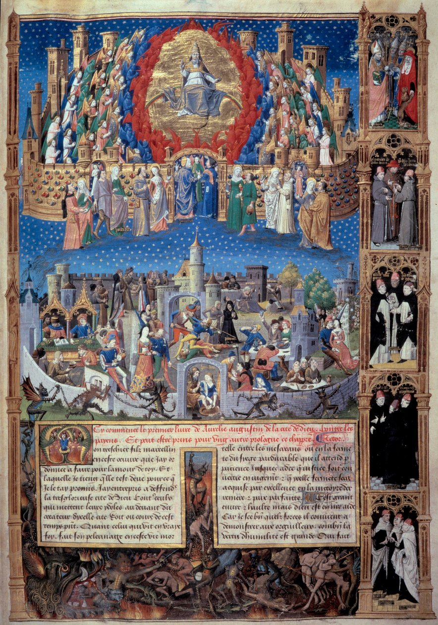 Repræsentation af Guds by (celeste) og menneskenes by (jordisk) Miniature taget fra "" De civitate dei"" (Guds by) af Sankt Augustin af Hippo (354-430), oversat af Raoul de Presles ca. 1480. Macon kommunebibliotek af Unknown artist